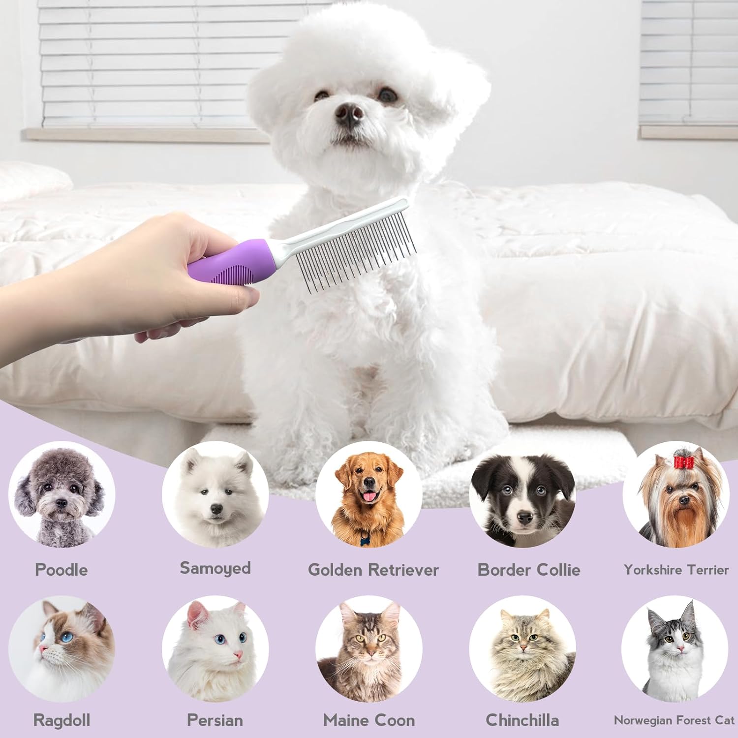 Detangling Pet Comb For Dog Cat Grooming Comb With Long Short Stainless Steel Teeth Safely Remove Knots Tangles For Healthy Shiny Coat Gentle Effective Detangling Tool For Pet Hair